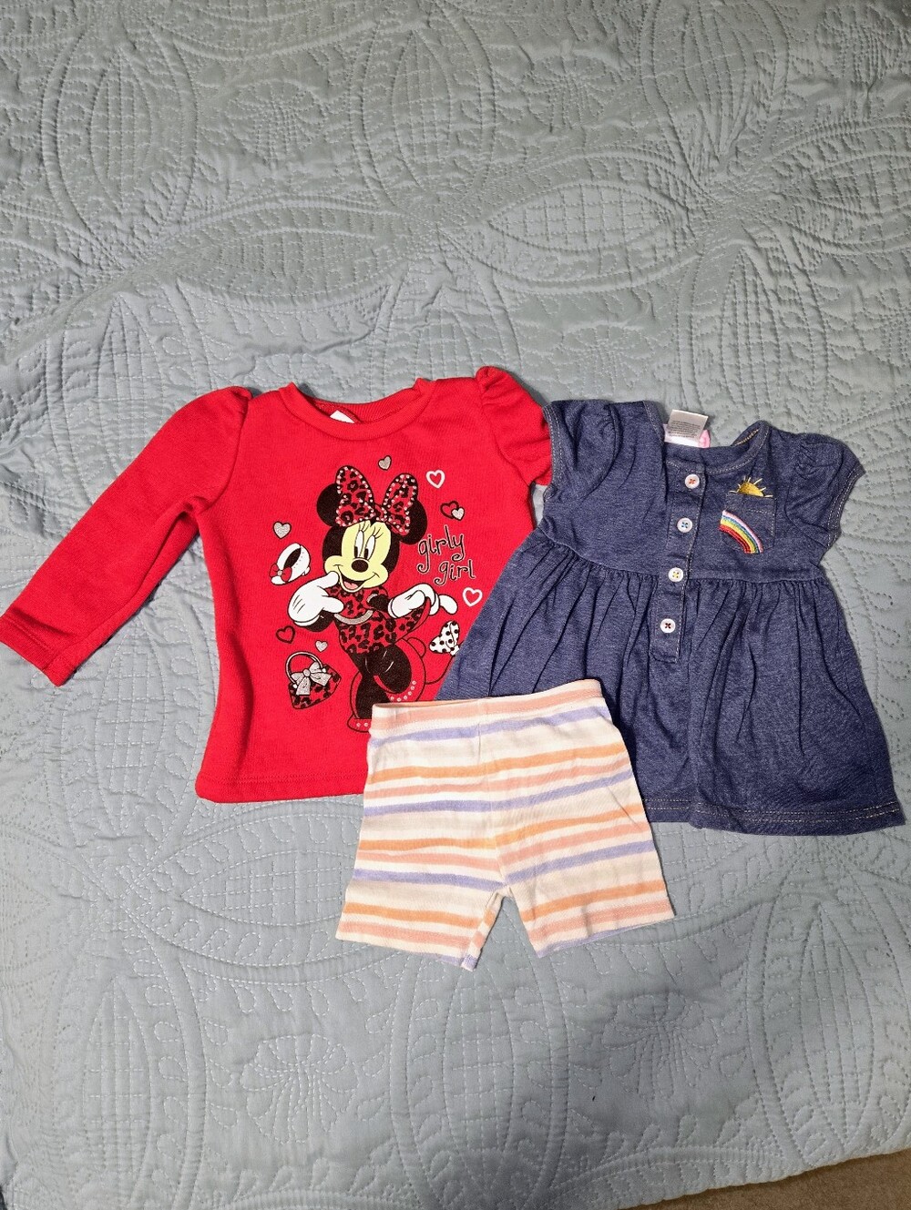Girl's 12M 3pc Clothing Bundle - Minnie Top- Striped Shorts- Goodlad Dress